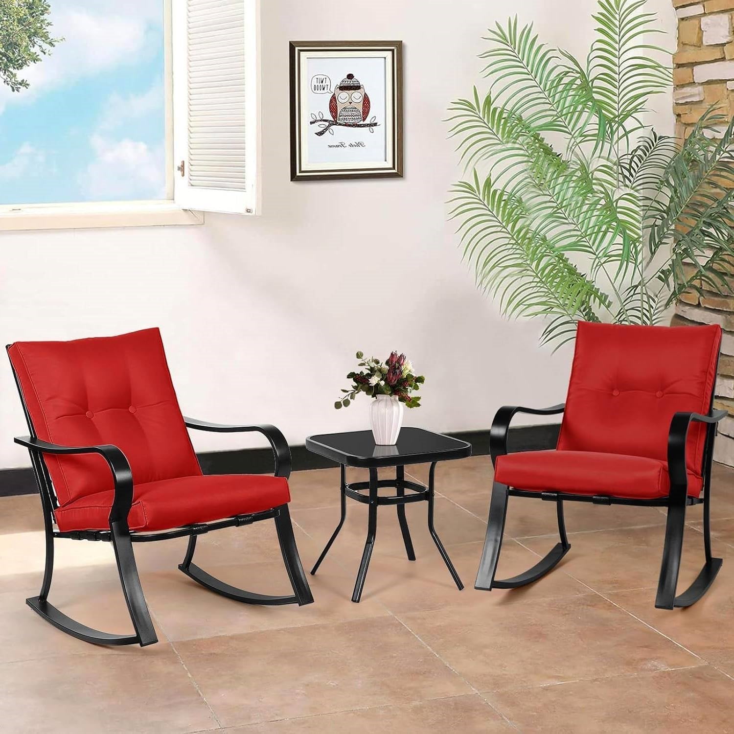 Fast Furnishings Outdoor 3-Piece Patio Furniture Rocking Chairs Table Set with Red Cushions