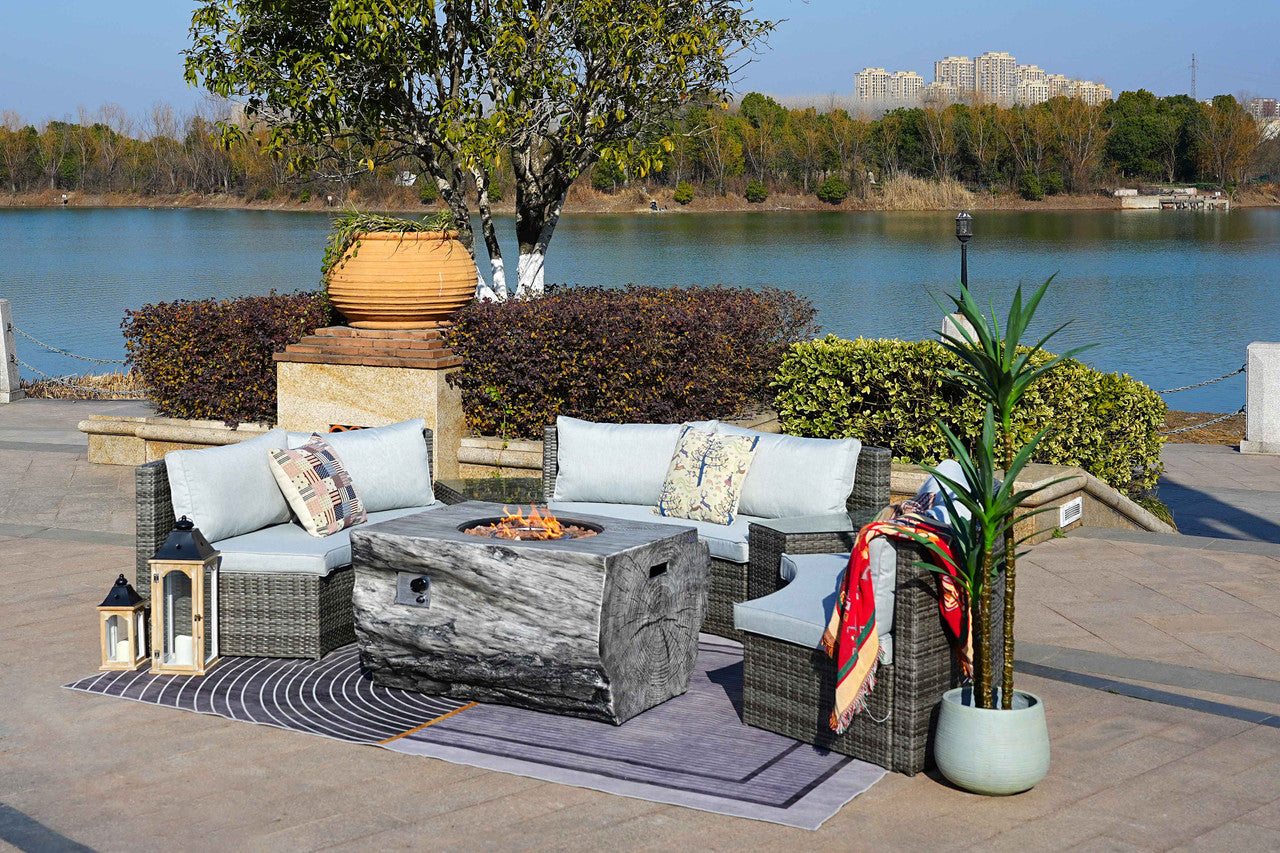 Direct Wicker Half-Moon Gray Wicker Seating Sofa Set with Wood Grain Firepit