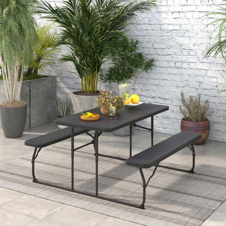 Fast Furnishings Folding Picnic Table with 2 Benches Outdoor Patio Dining Set in Black