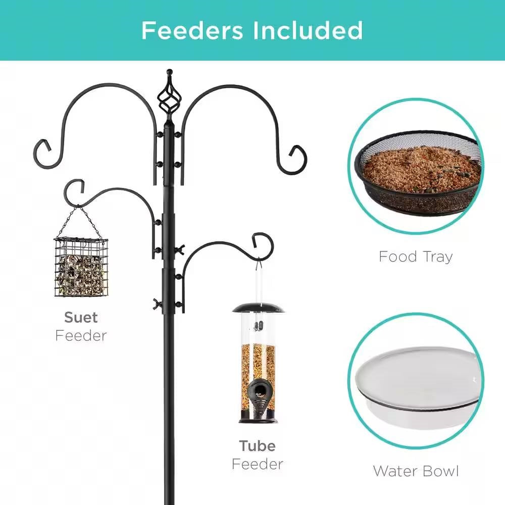 Fast Furnishings Complete Bird Feeder Set with Black Metal Stand and Bird Feeders