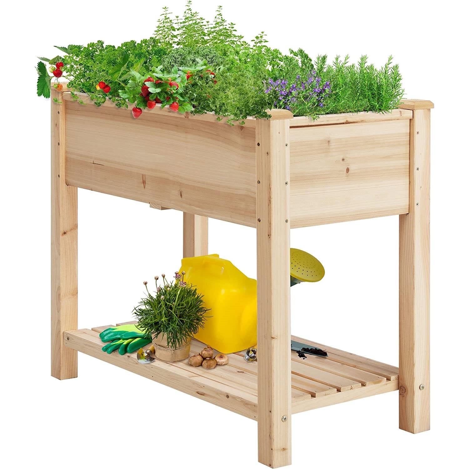 Fast Furnishings Solid Wood 2-Tier Raised Garden Bed Planter Bed with Bottom Storage Shelf