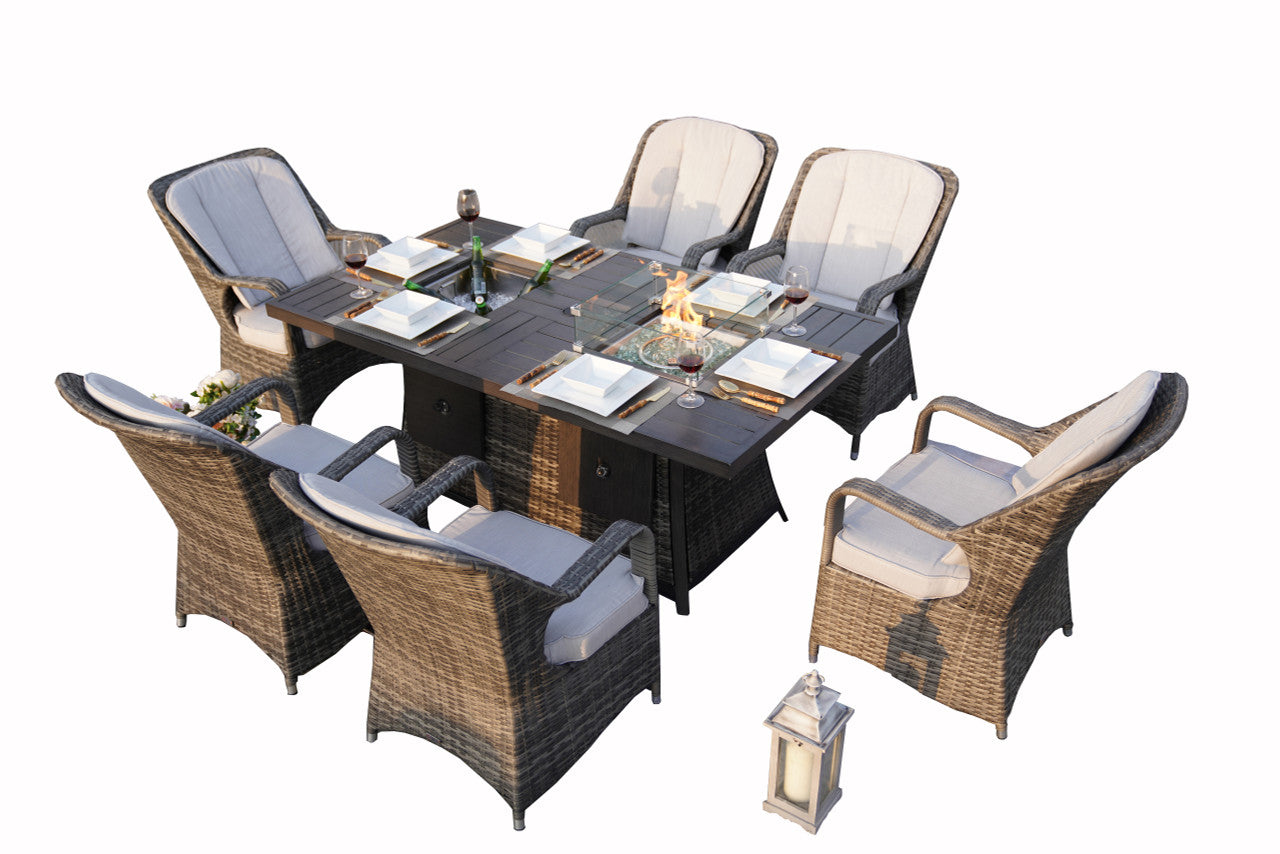 Direct Wicker 6-Seat Patio Gray Firepit and Ice Bucket Dining Table Set with Standard Height Chairs