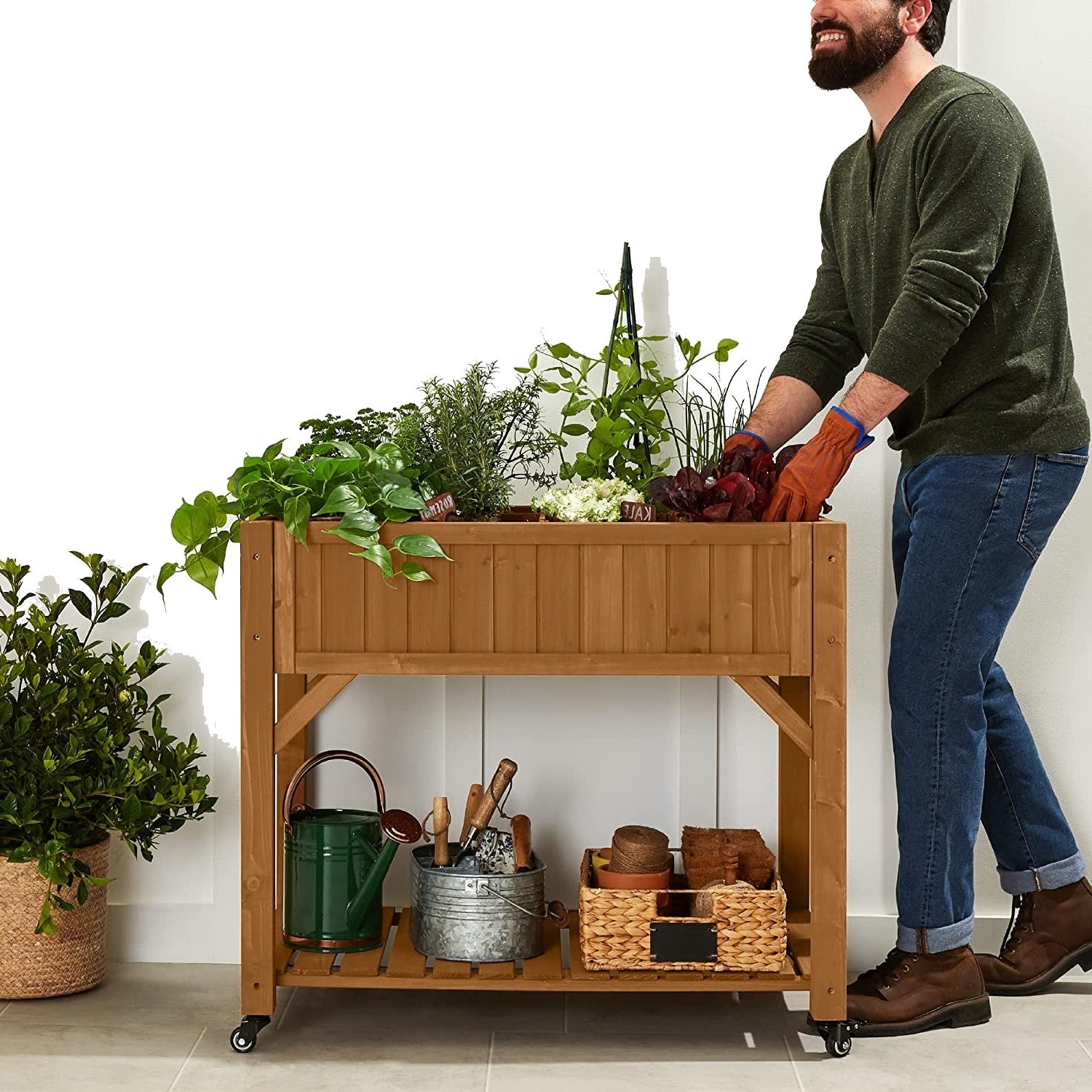 Fast Furnishings Outdoor Elevated Raised Garden Bed Planter Box with Locking Wheels