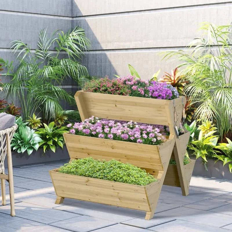 Fast Furnishings 3-Tier Outdoor Fir Wood Elevated Planter Herb Flower Box Raised Garden Bed