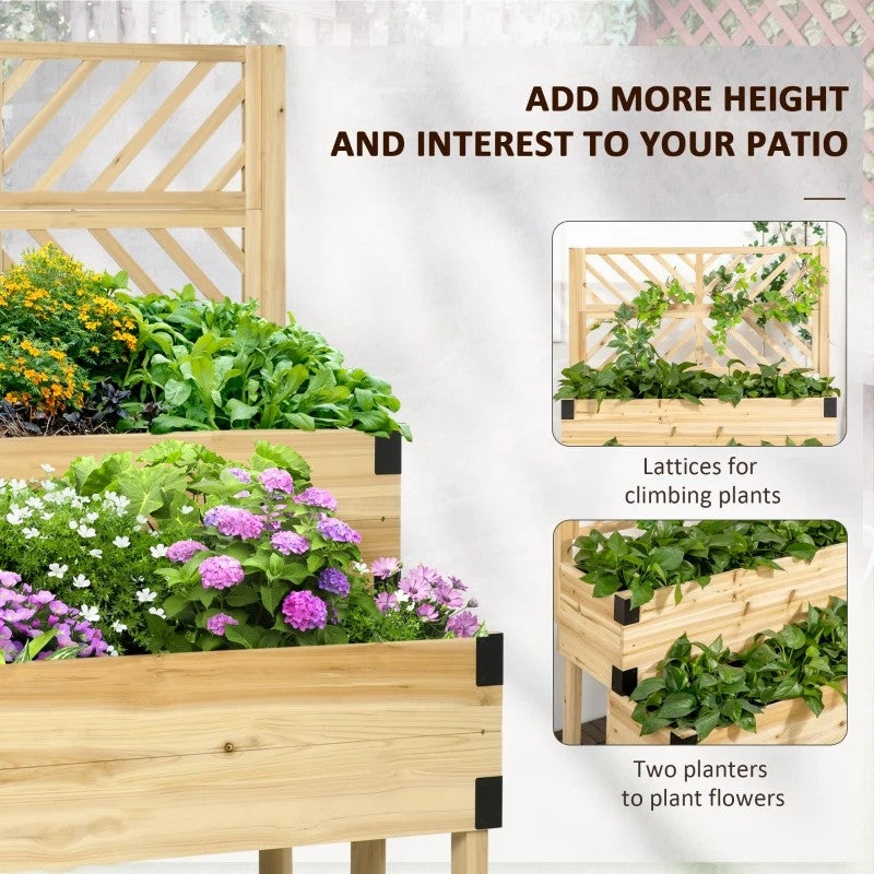 Fast Furnishings 2 Tier Self Draining Natural Wood Raised Garden Bed Planter Box with Trellis