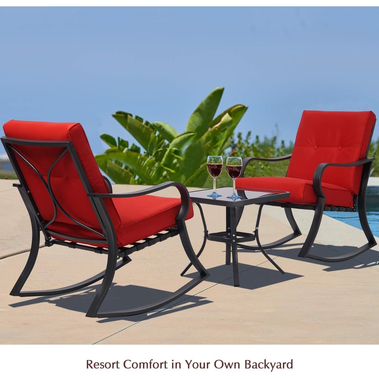 Fast Furnishings Outdoor 3-Piece Patio Furniture Rocking Chairs Table Set with Red Cushions