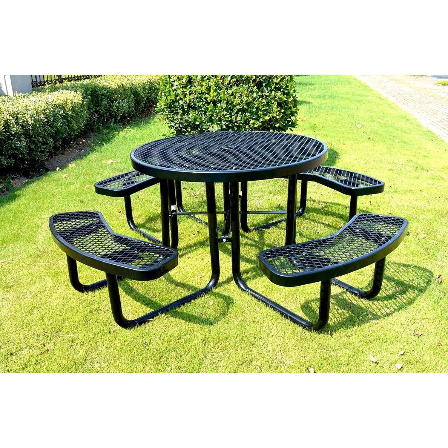 Fast Furnishings Heavy Duty Steel Metal Round Picnic Table w/ 4 Benches Outdoor Patio Dining Set