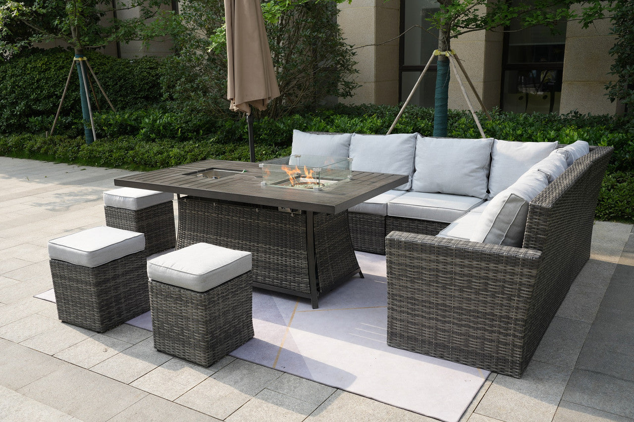 Direct Wicker Patio Gray Rattan Wicker Rectangular Firepit with Ice Table Set