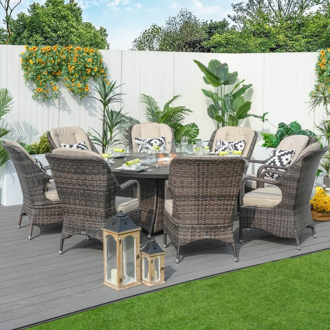 Direct Wicker's 8 Seats Round Fire Pit Set with Aluminium Tabletop & Rattan Chairs PAG-1108A