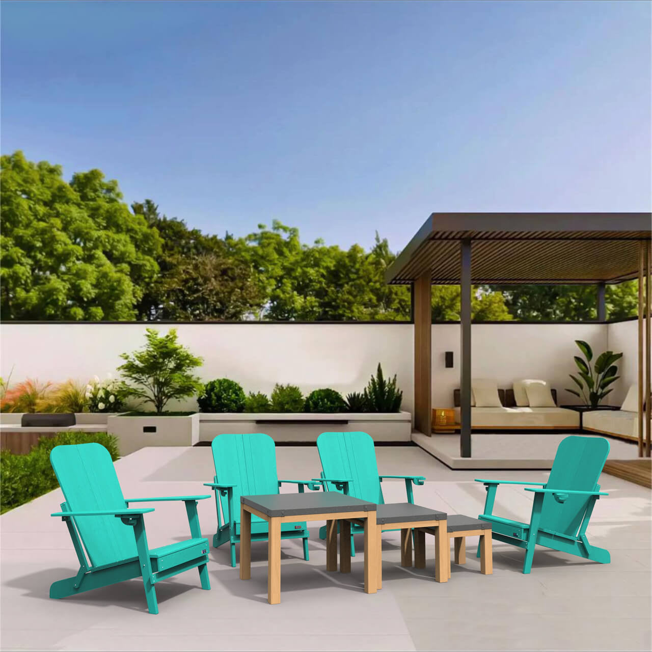 Direct Wicker  Four detachable frog chairs in HDPE with three aluminium square tables  PAC-011X4+2341TA