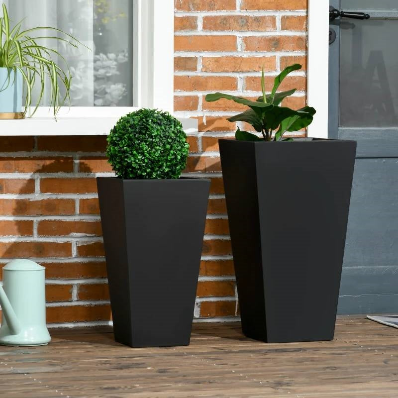 Fast Furnishings Set of 2 Modern Lightweight Black Outdoor Patio Flower Pot Tall Planter Box