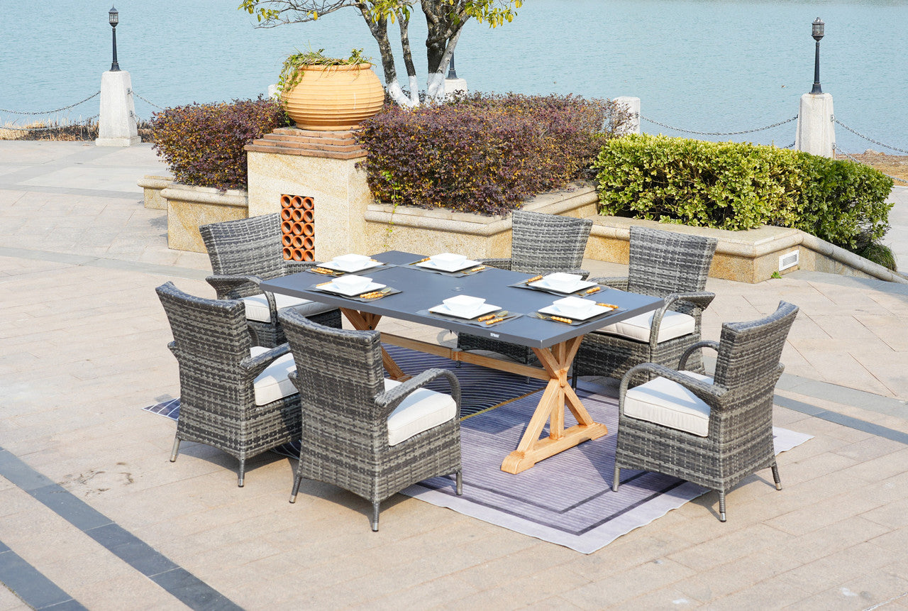 Direct Wicker Dining Table Set for 6 Aluminum Table with 6 Chairs in Gray