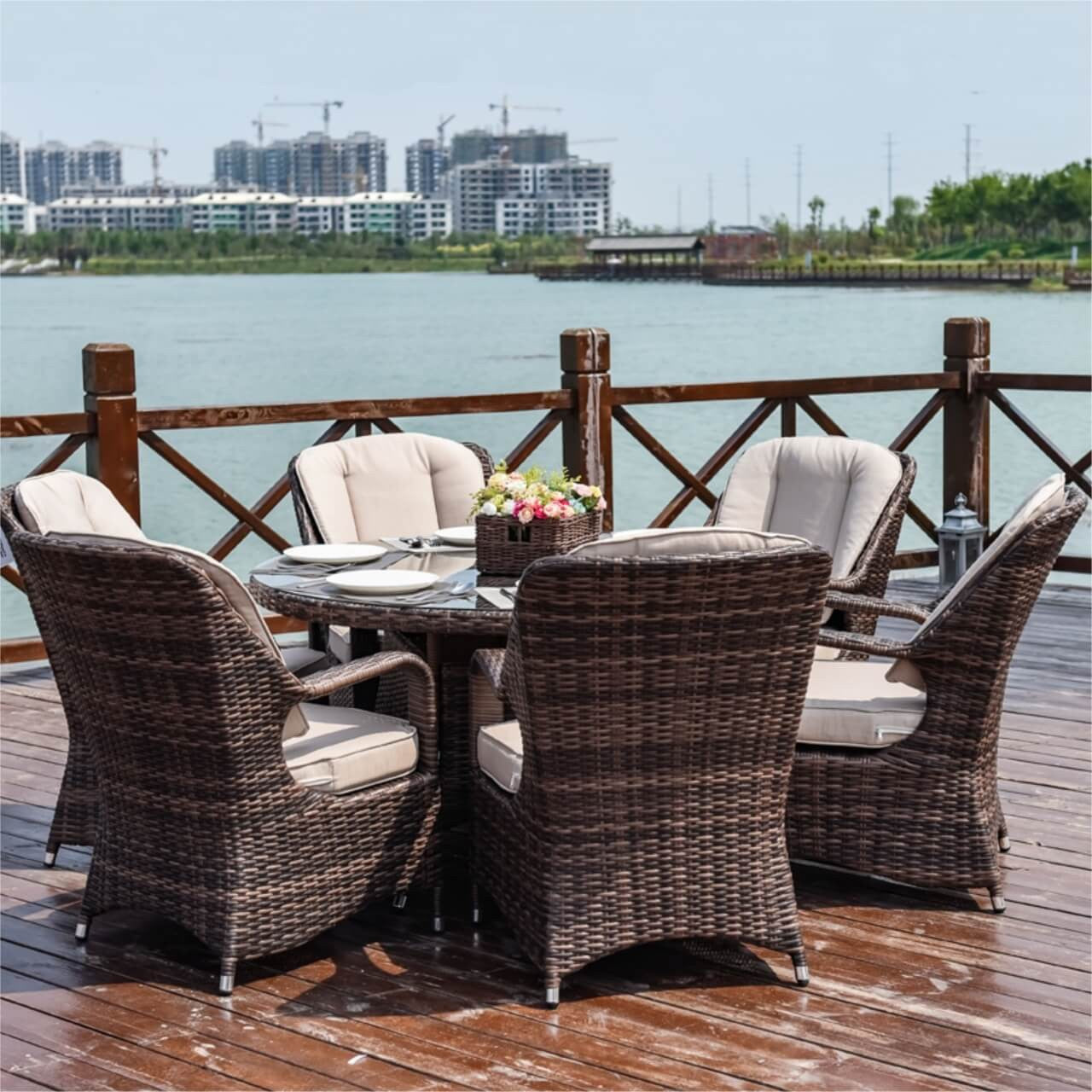 Direct Wicker Patio 7-Pieces Brown Wicker Dining Set with Round Table PAD-1711 Set