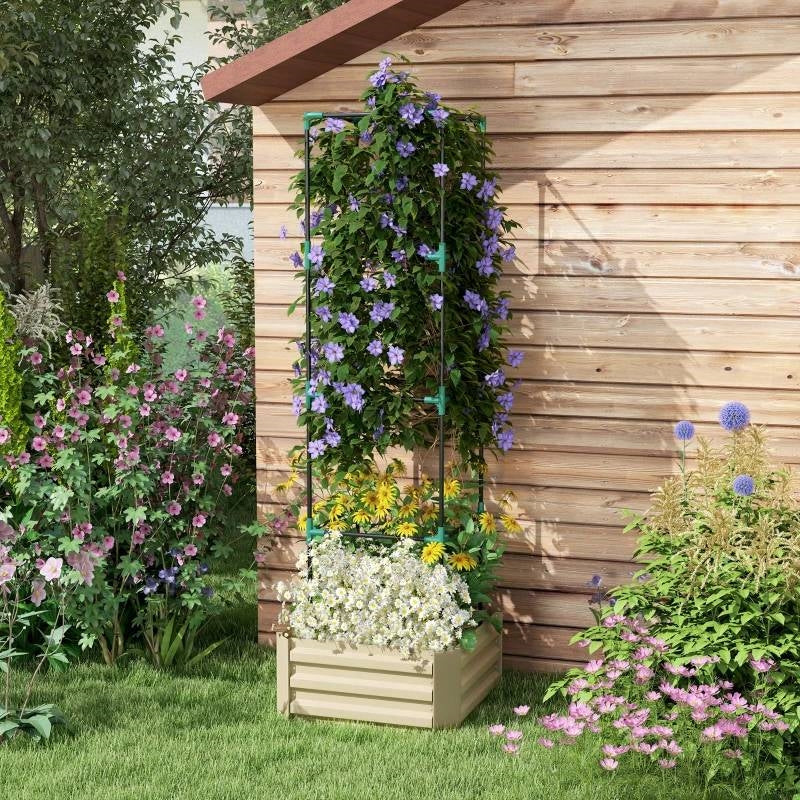 Fast Furnishings Beige Galvanized Open Bottom Raised Garden Bed Planter with Tomato Cage Trellis