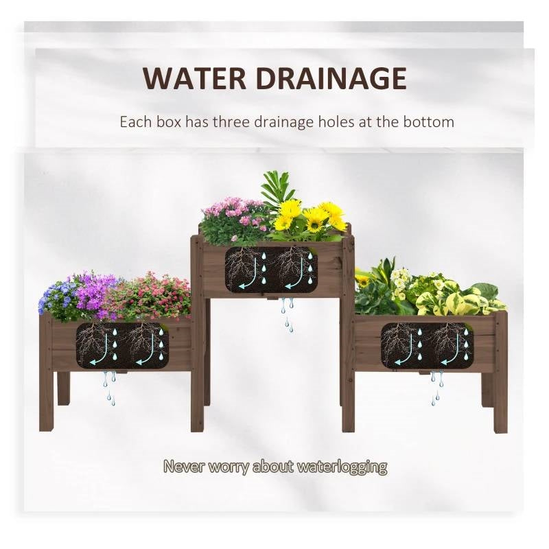 Fast Furnishings Brown 3 Wooden Elevated Planter Raised Garden Beds