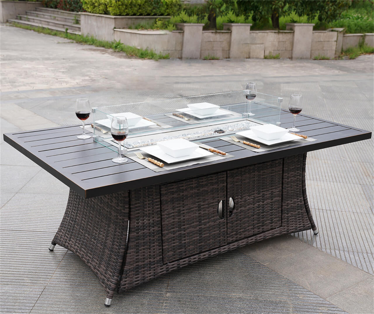 6 Seats Rectangular Fire Pit Table with Aluminum Top  Direct Wicker