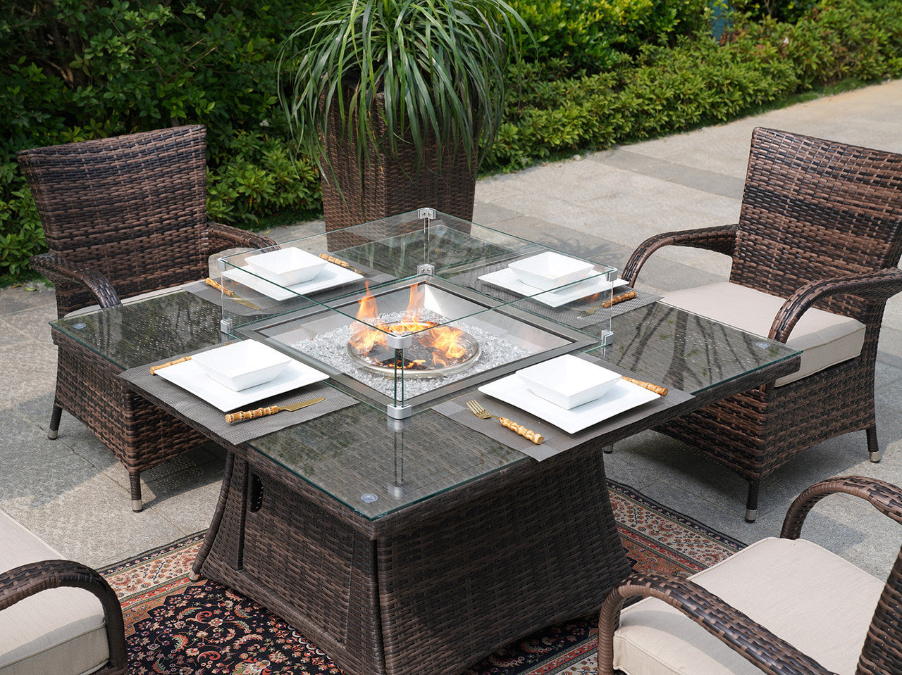 Direct Wicker Square Dining Set with Gas Firepit Table and Four Eton Chairs