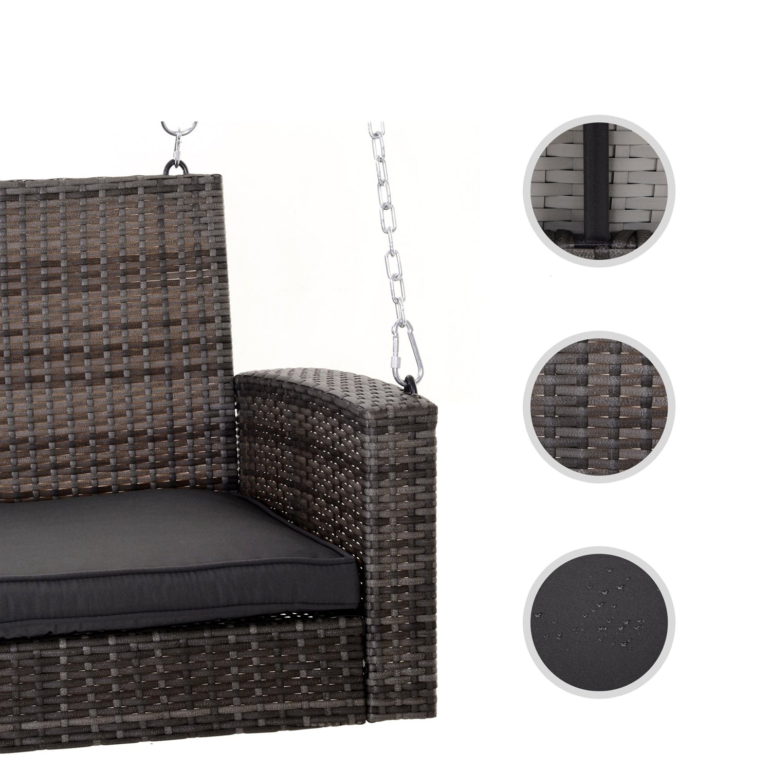 Fast Furnishings Grey Tones Wicker Porch Swing 7ft Hanging Chain with Dark Grey Padded Cushion