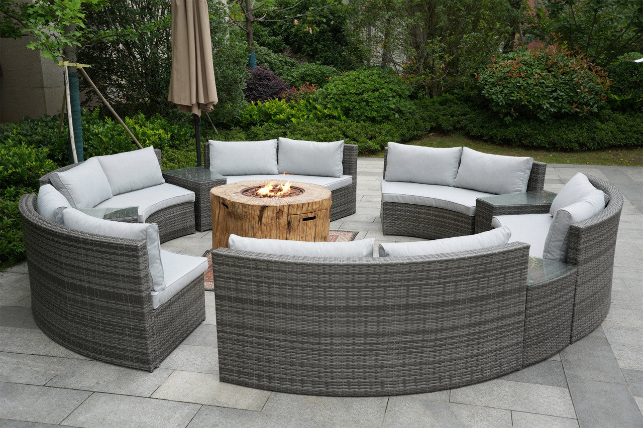 Direct Wicker Patio Half Moon Gray Wicker Seating Set with Round Grain Firepit