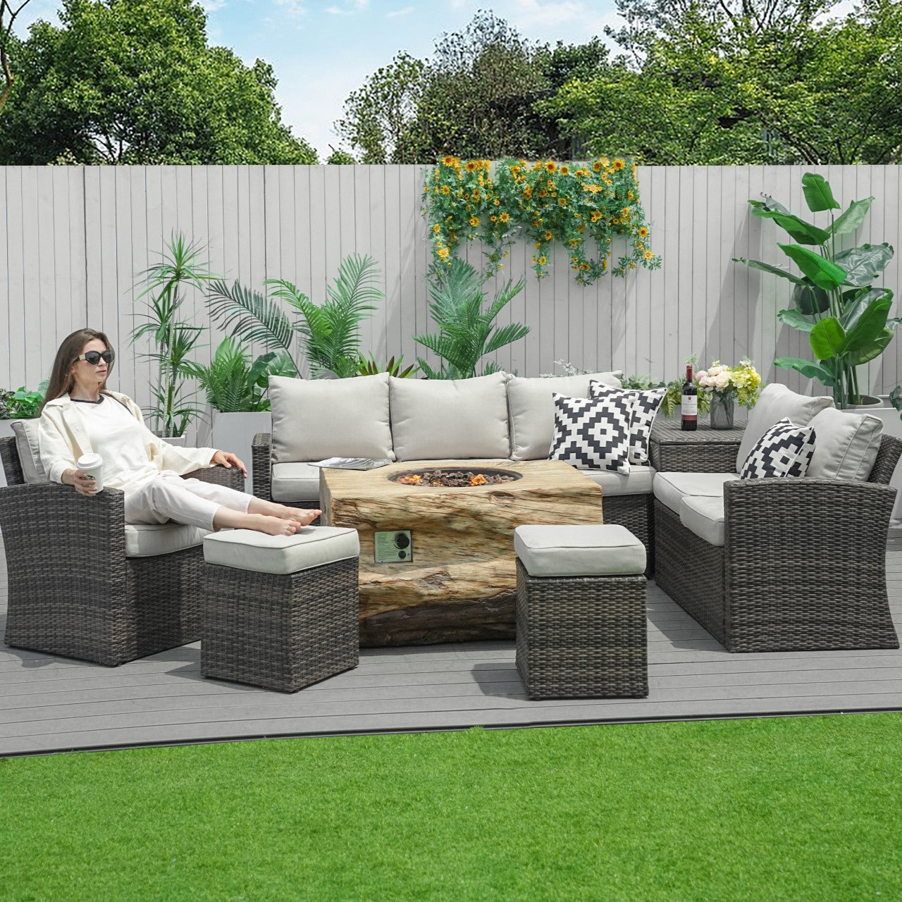 Direct Wicker's Patio Seating Sofa Set with Grain Fire Pit Table for Ultimate Comfort and Style