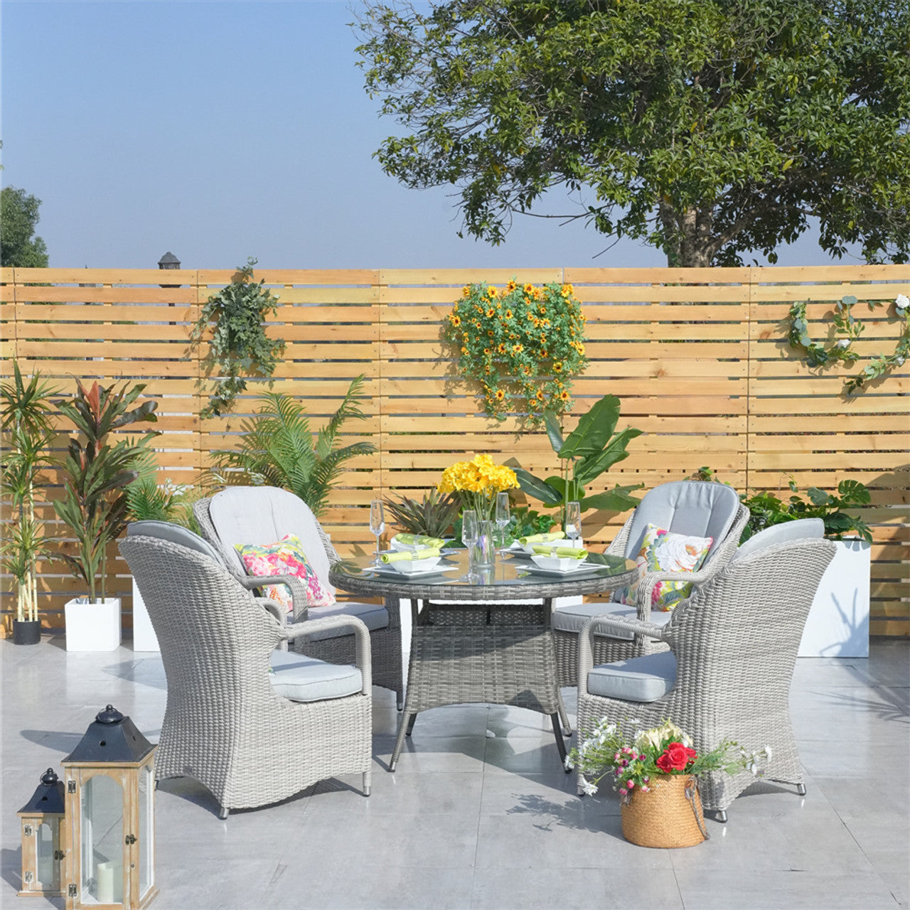 Direct Wicker Patio Wicker Dining Set with Round Table and Semi-circular Rattan Chairs