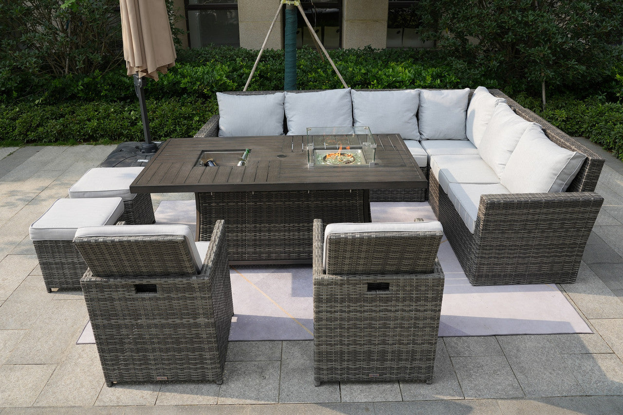 Direct Wicker Patio Gray Rattan Wicker Conversational Set with Rectangle Firepit & Ice Table, Foldable Dining Chairs and Ottomans(Patio Set Options)