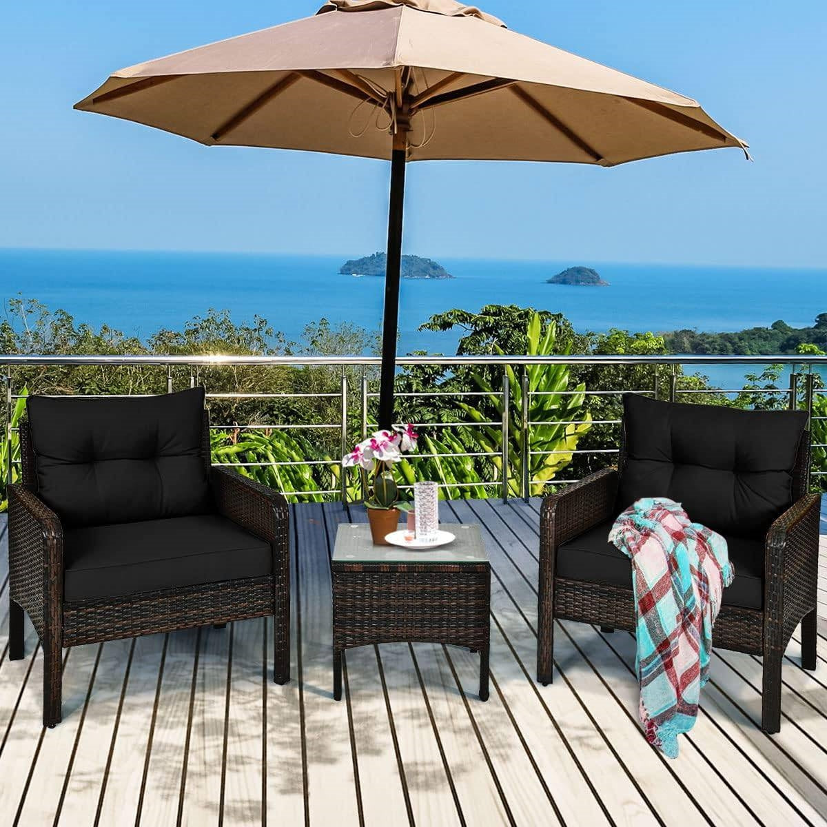 Fast Furnishings 3-Piece Brown PE Rattan Outdoor Dining Patio Furniture Set with Black Cushions