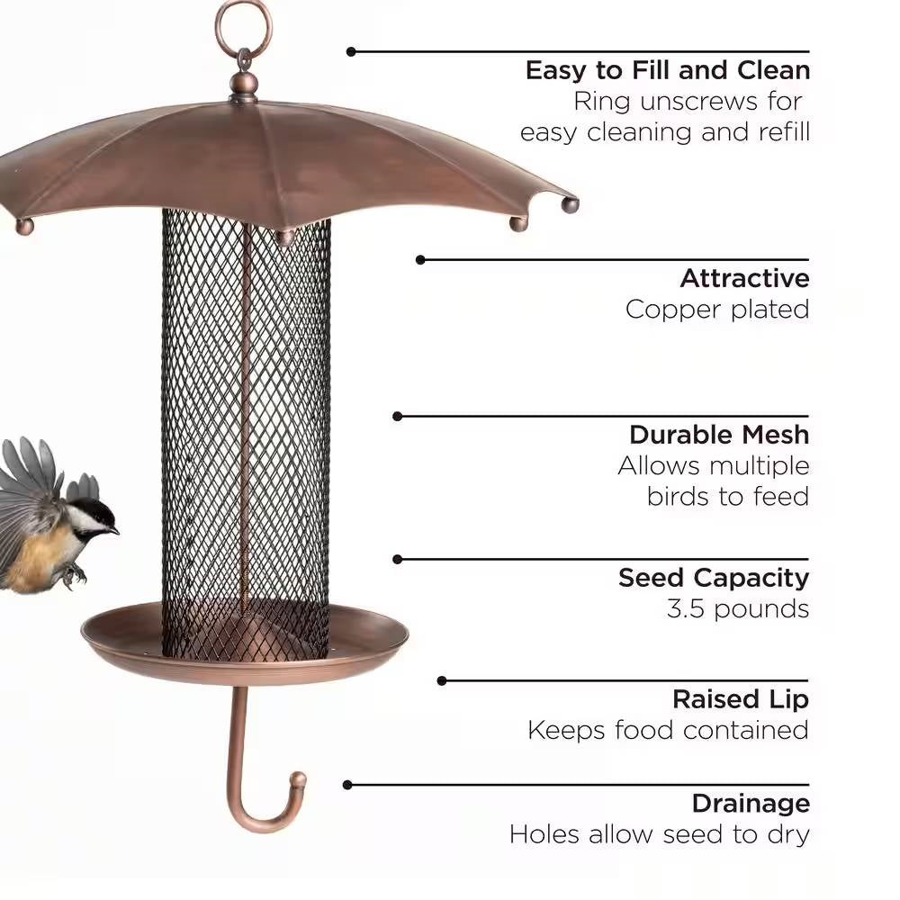 Fast Furnishings Copper Umbrella Bird Feeder with Mesh Tube Revivor - 3.5 lbs. Seed Capacity