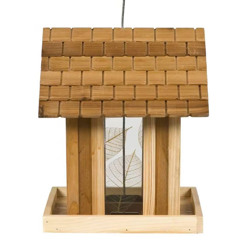 Fast Furnishings Wood House Shingled Roof Garden Bird Feeder with Perch