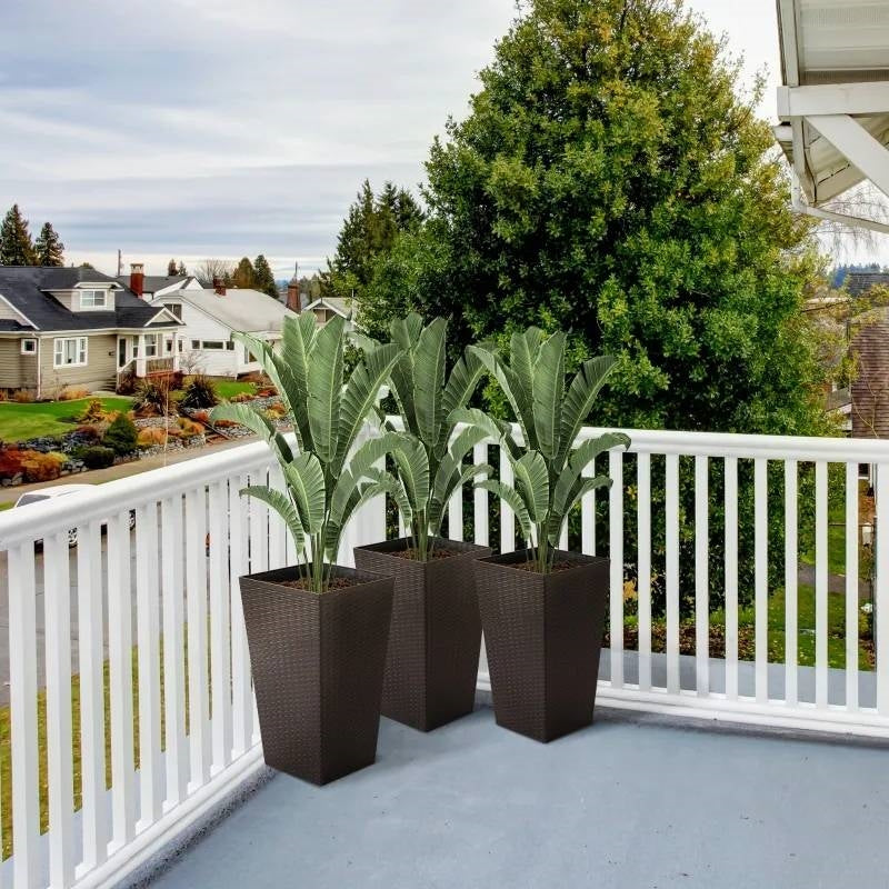 Fast Furnishings Set of 3 - Brown Faux Rattan Plastic Tall Large Flower Pots