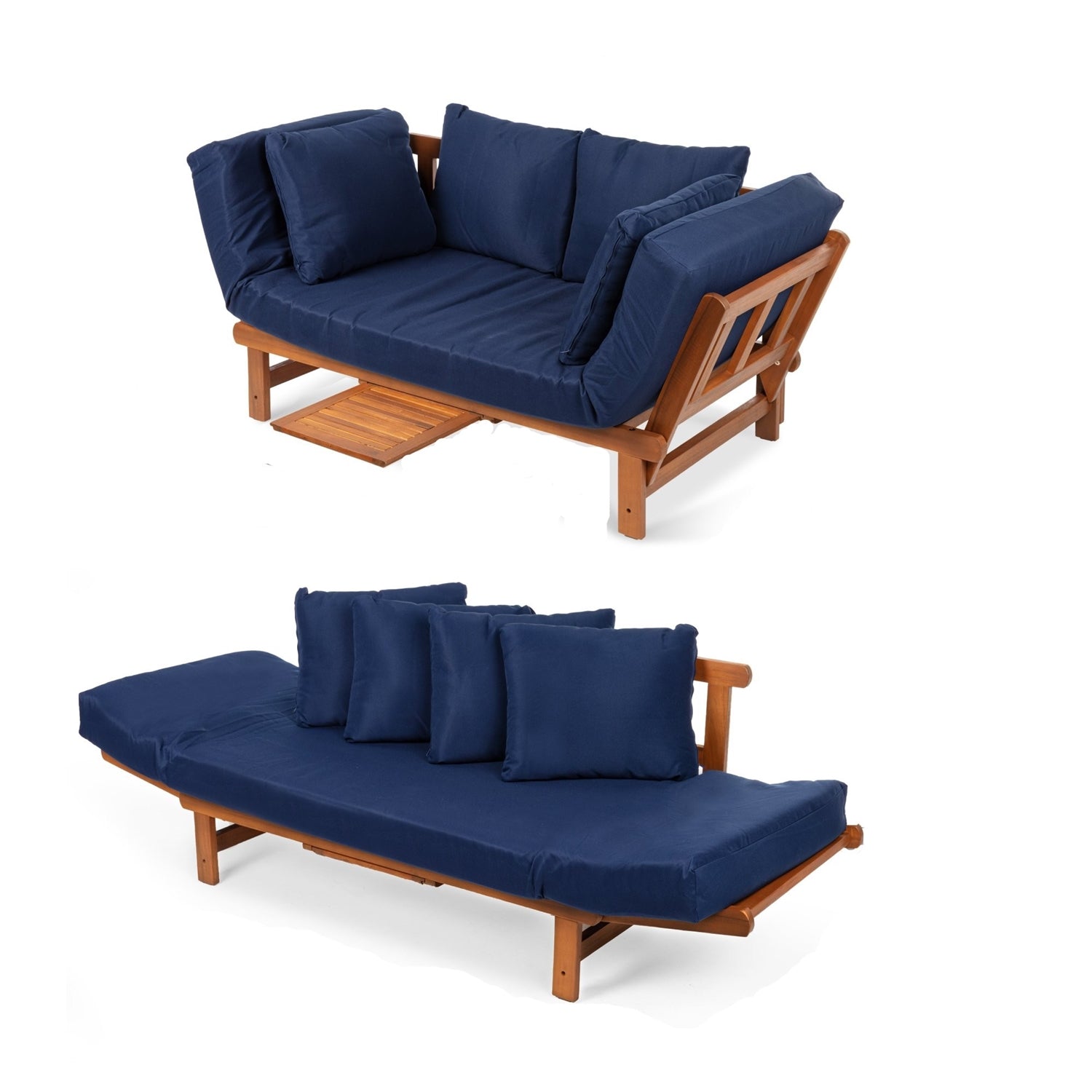 Fast Furnishings Navy Blue Outdoor Acacia Wood Convertible Sofa Futon with 4 Removable Pillows