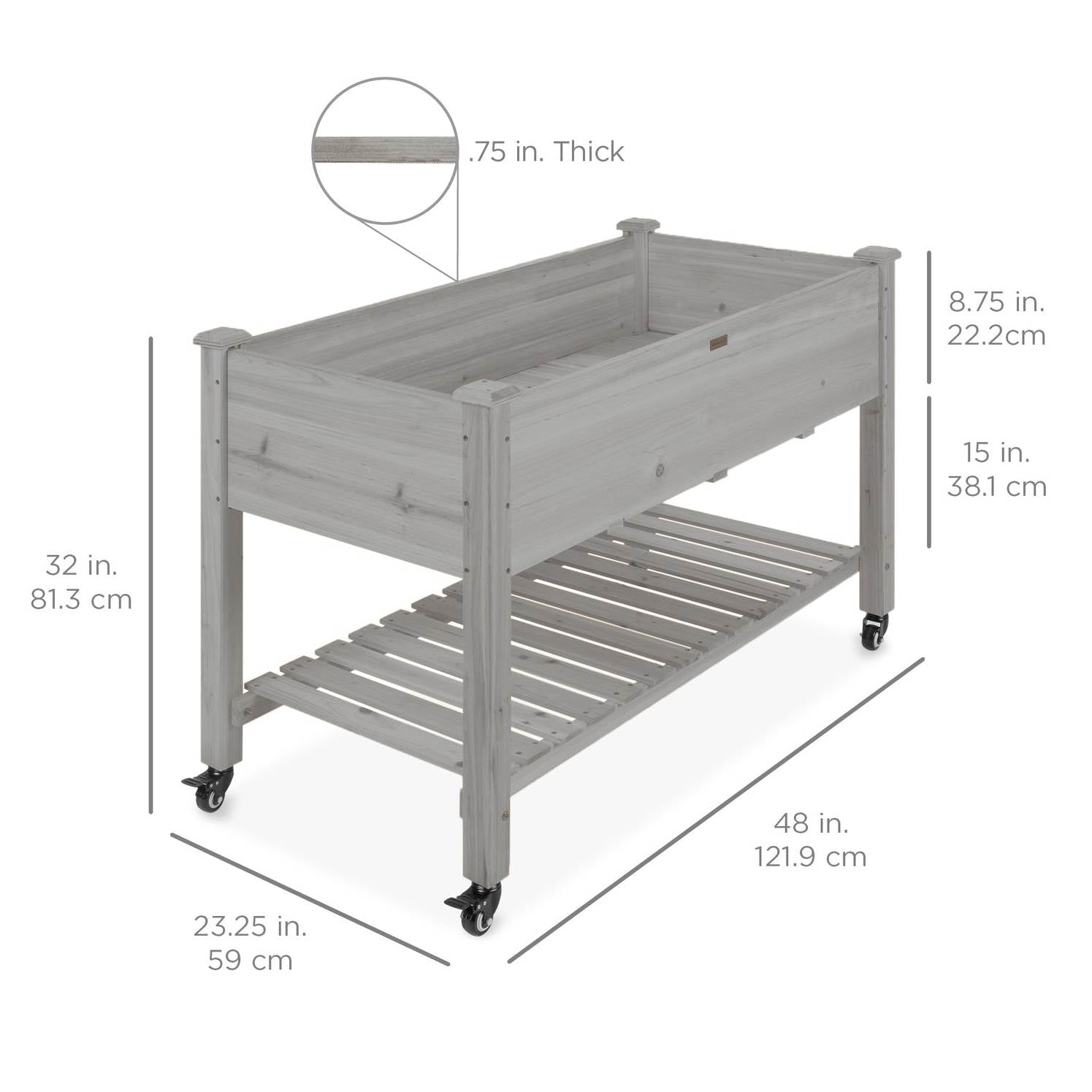 Fast Furnishings Outdoor Grey Wood Raised Garden Bed Planter Box with Shelf and Locking Wheels