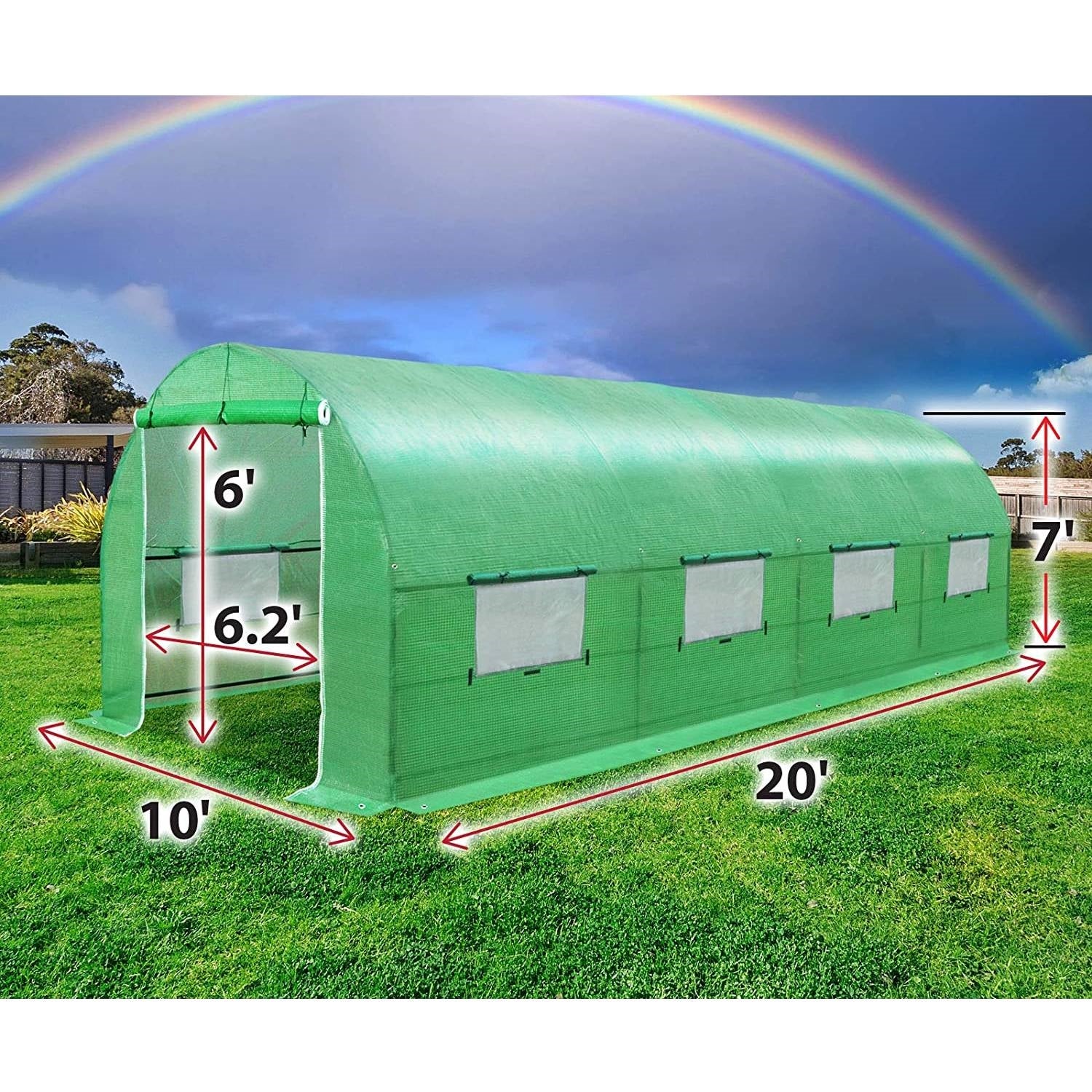 Fast Furnishings Outdoor Greenhouse 10 x 20 x 7 Ft with Heavy Duty Steel Frame and Green PE Cover