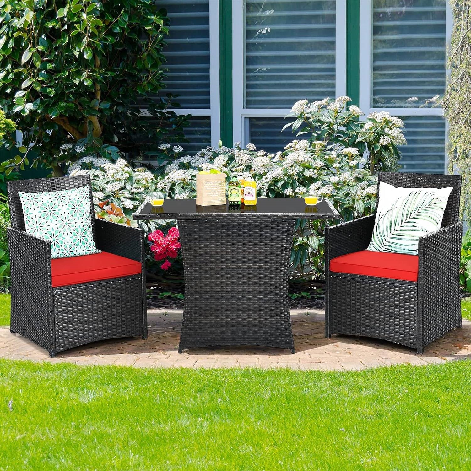 Fast Furnishings 3-Piece Patio Furniture Outdoor Dining Set in Brown PE Rattan with Red Cushions