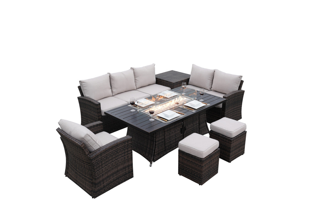 Direct Wicker 7-Piece Brown Wicker Patio Seating Rectangle Firepit Table Sofa Set