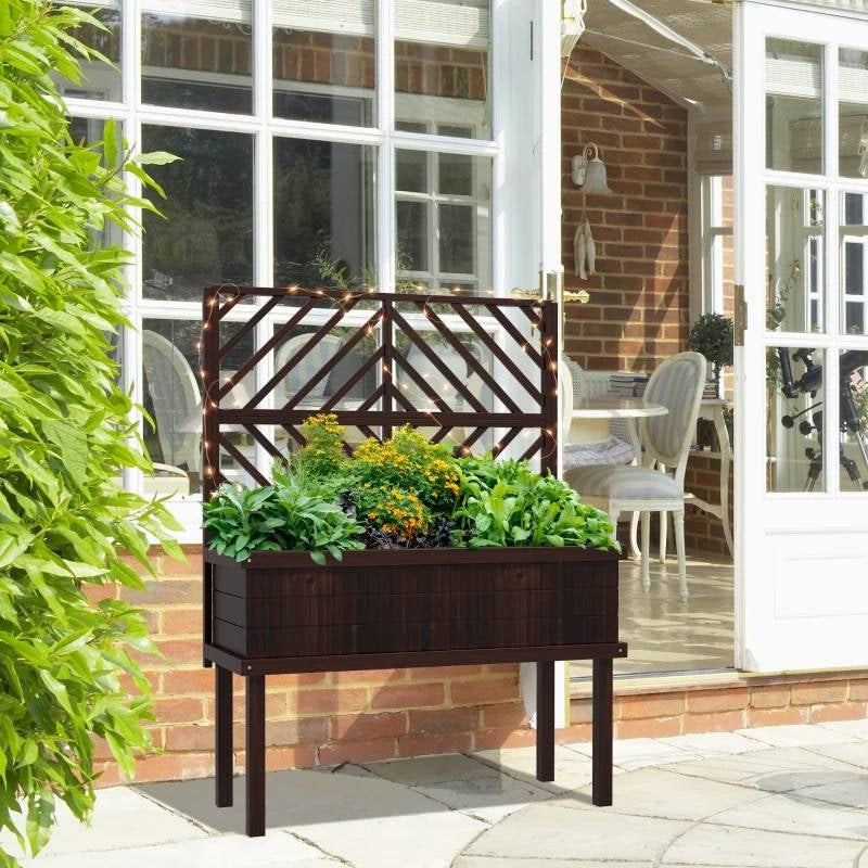 Fast Furnishings Espresso Fir Wood Elevated Raised Garden Bed With Stylish Climbing Trellis