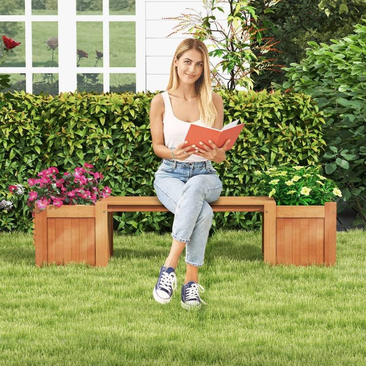 Fast Furnishings Farmhouse Durable Outdoor Wooden Planter Box with Garden Bench