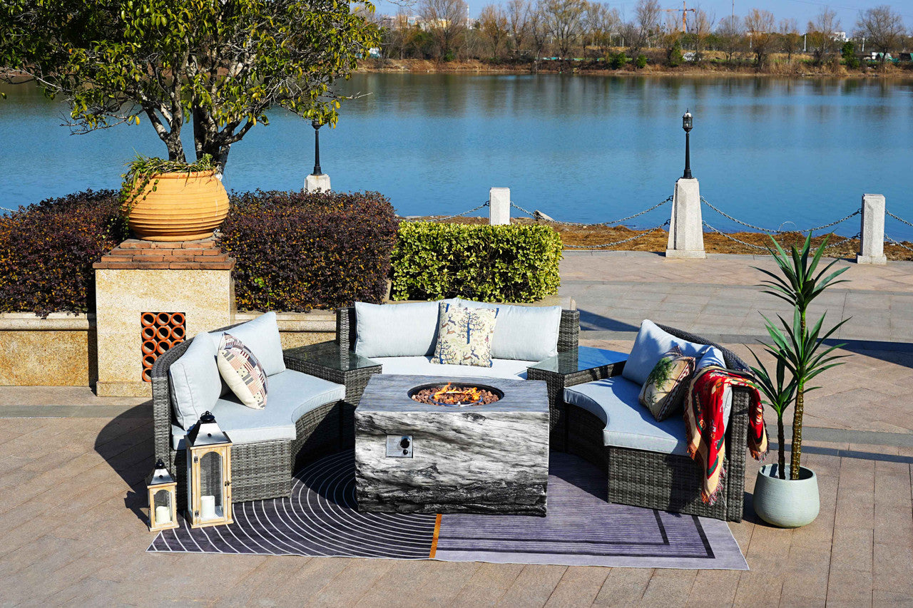 Direct Wicker Half-Moon Gray Wicker Seating Sofa Set with Wood Grain Firepit