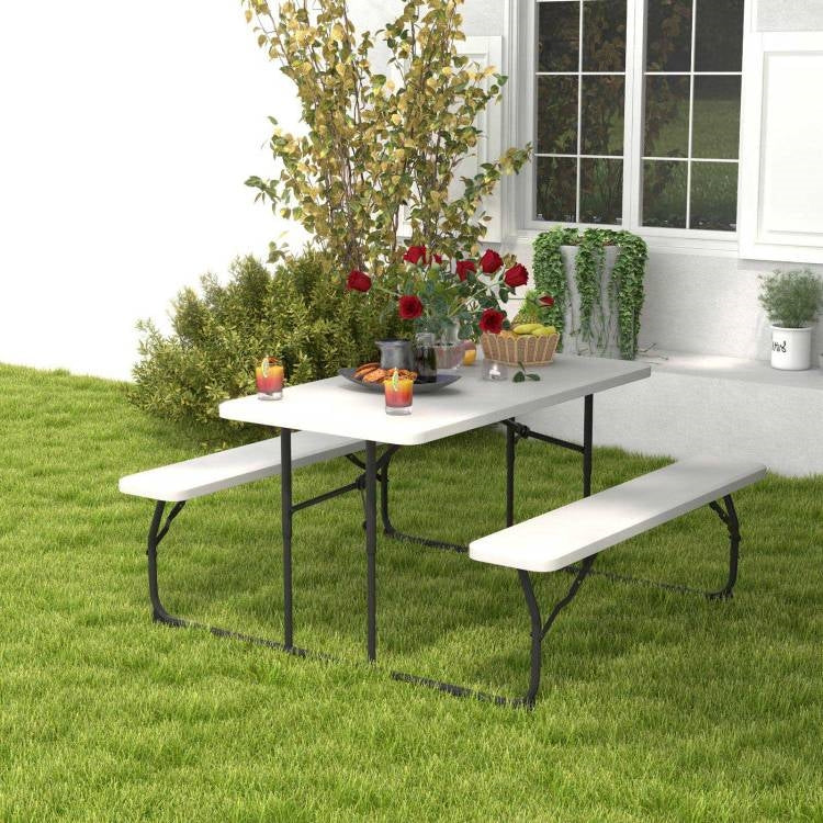 Fast Furnishings Folding White HDPE Picnic Table with 2 Benches Outdoor Patio Furniture Set