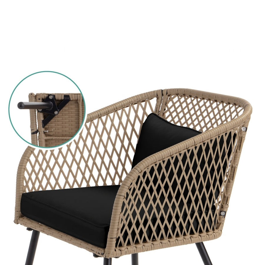 Fast Furnishings 3 Piece Beige/Black Outdoor Weave Wicker Bistro w Tempered Glass Side Table Set