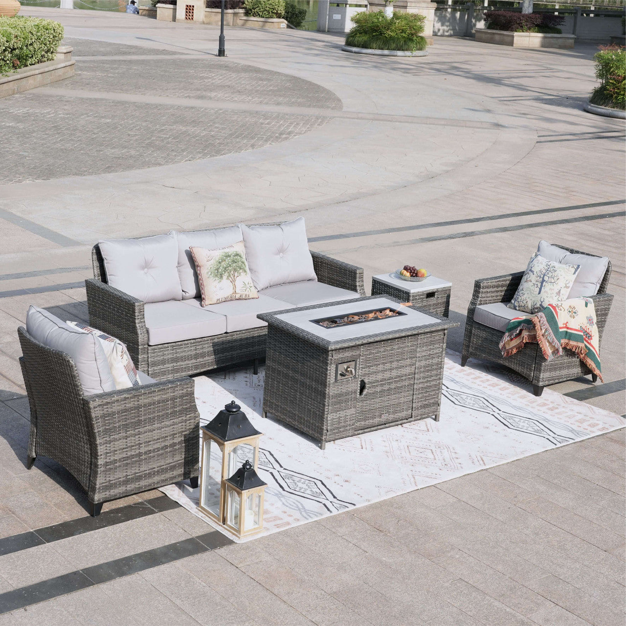 Direct Wicker 5-Piece Outdoor Patio Fire Pit Set Fire Pit Table with Seating Sofas in Gray