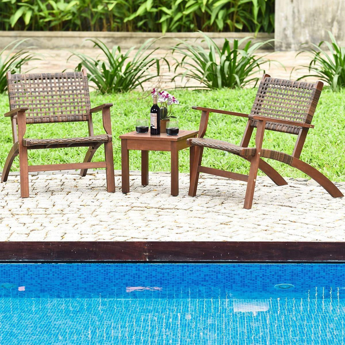 Fast Furnishings Solid Wood and Rattan 3-Piece Outdoor Patio Furniture Table Chairs Set