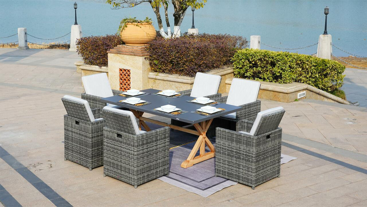 Direct Wicker Patio Dining Table Set Aluminum Table with 6 Chairs in Brown or Gray