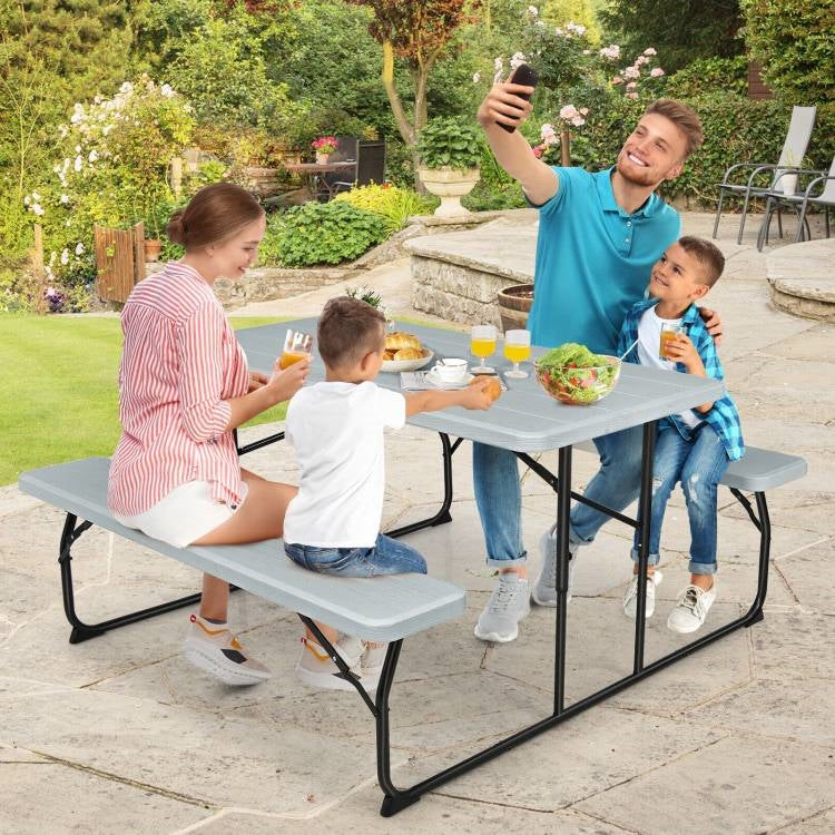 Fast Furnishings Grey Folding Picnic Table with 2 Benches Outdoor Patio Dining Set