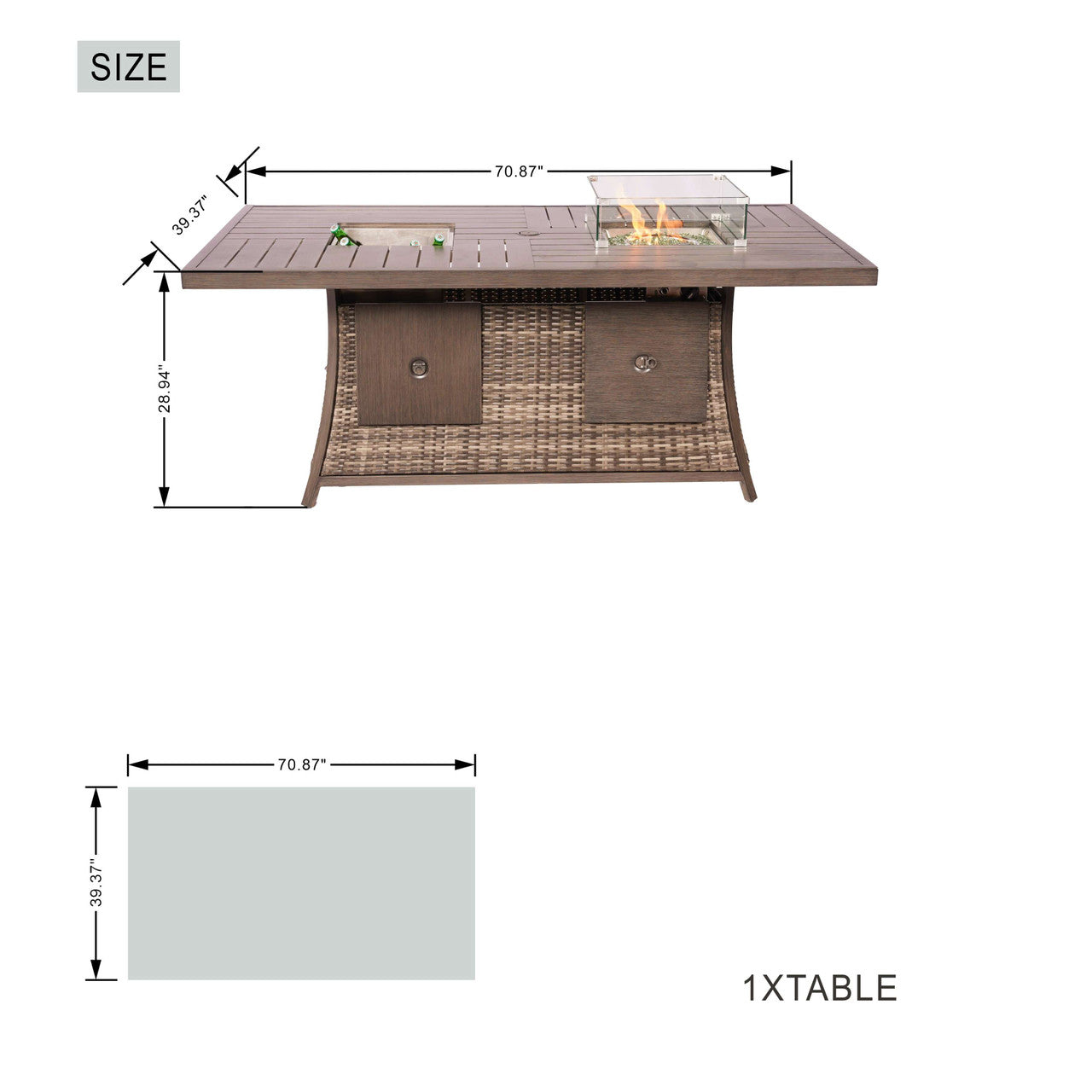 Direct Wicker 6 Seats Rectangular Fire Pit Tables with Fire & Ice Options