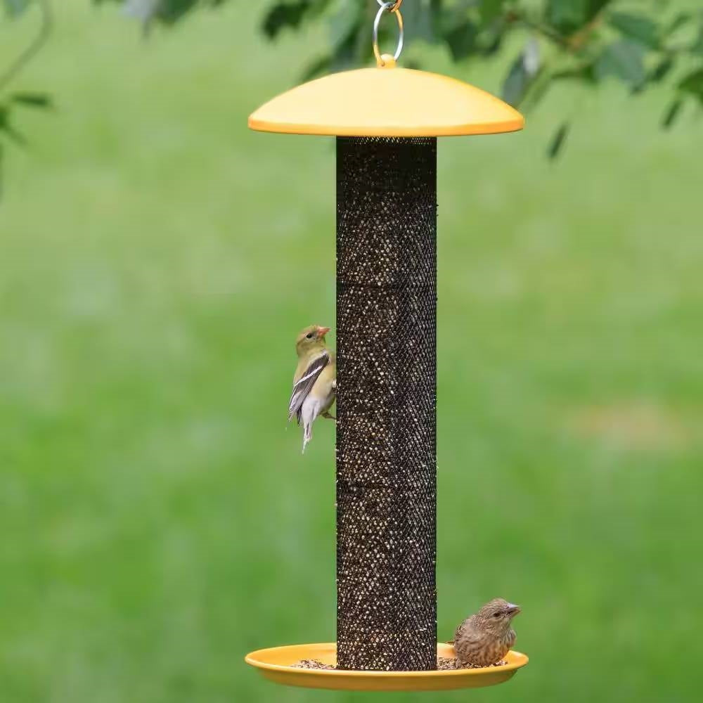 Fast Furnishings Durable Metal Mesh Tube Hanging Bird Feeder with Yellow Top and Perch