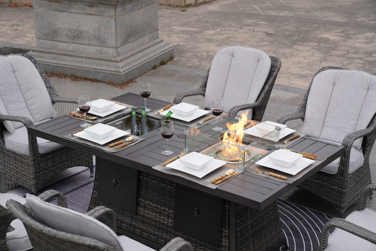 Direct Wicker 6-Seat Patio Gray Firepit and Ice Bucket Dining Table Set with Standard Height Chairs