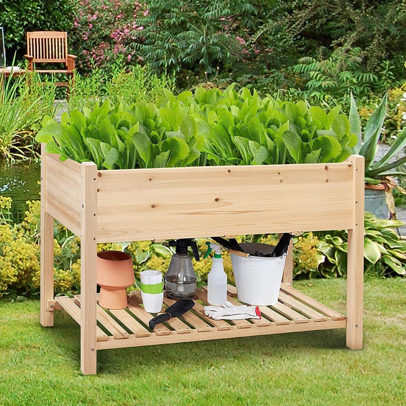 Fast Furnishings Solid Wood 2-Tier Raised Garden Bed Planter Box 4-ft x 2-ft x 32-inch High