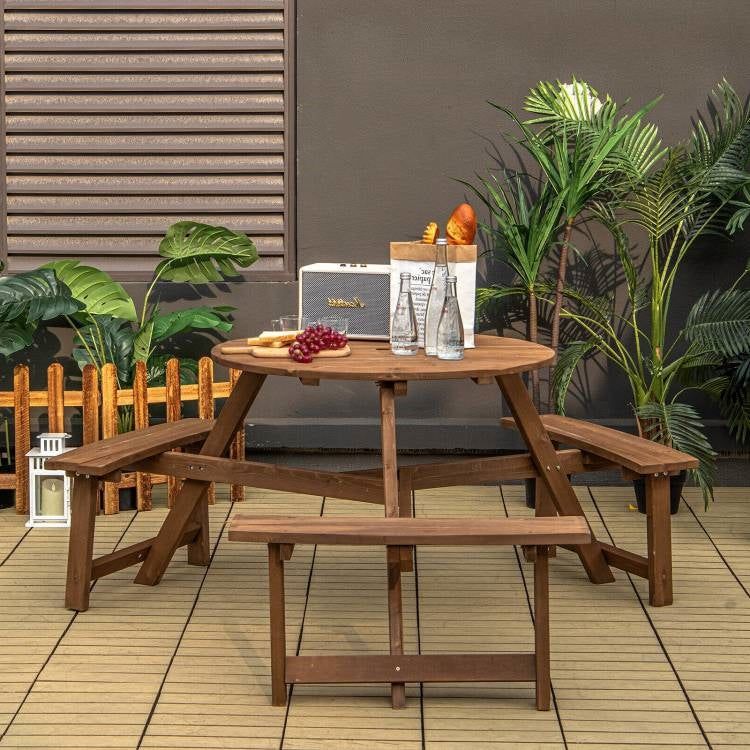 Fast Furnishings Outdoor Solid Wood Round Picnic Table Set with Umbrella Hole and 3 Benches