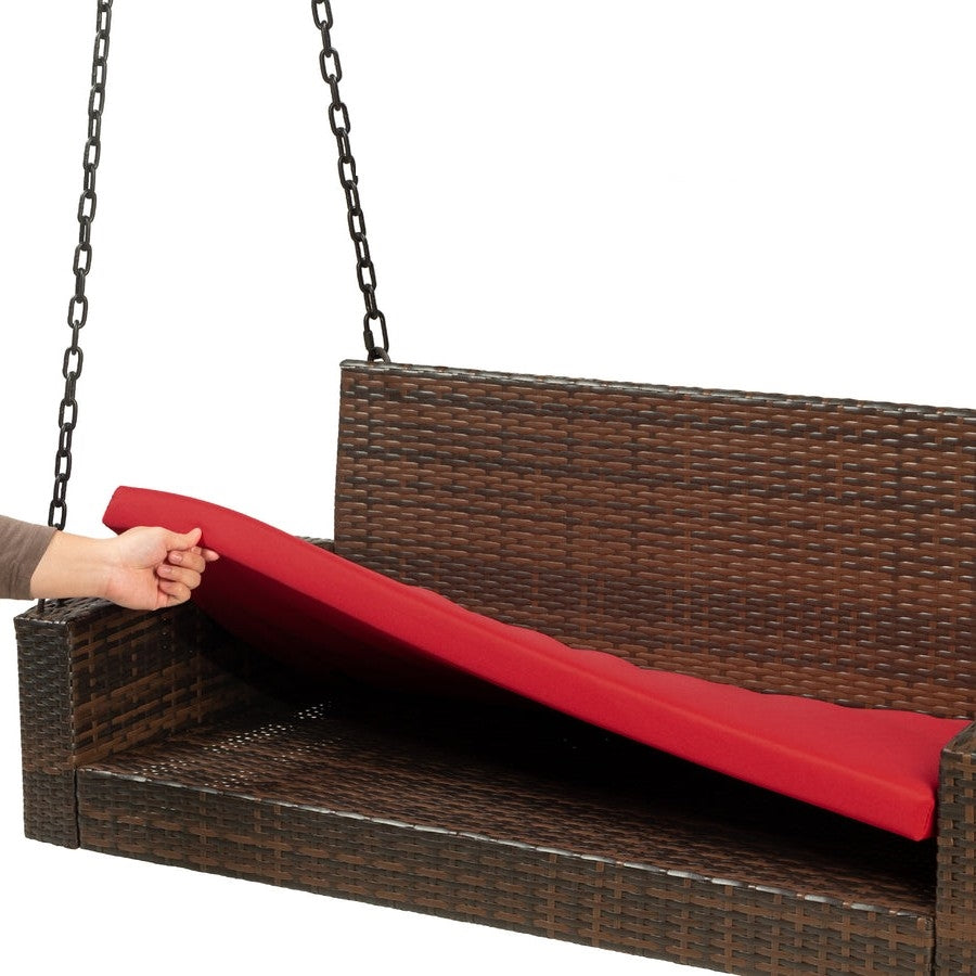 Fast Furnishings Brown Wicker Hanging Patio Porch Swing Bench w/ Mounting Chains and Red Seat Cushion